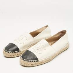 Pre Owned Chanel White/Black Leather CC Cap Toe Espadrille Flats Size 41