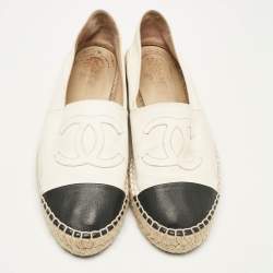 Pre Owned Chanel White/Black Leather CC Cap Toe Espadrille Flats Size 41