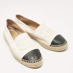 Pre Owned Chanel White/Black Leather CC Cap Toe Espadrille Flats Size 41