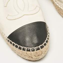 Pre Owned Chanel White/Black Leather CC Cap Toe Espadrille Flats Size 41
