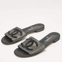 Chanel Black Leather and Suede CC Flat Slides Size 37.5