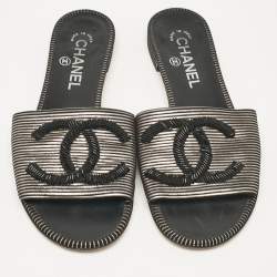 Chanel Black Leather and Suede CC Flat Slides Size 37.5