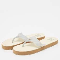 Pre Owned Chanel Blue Rubber CC Thong Flats Size 37