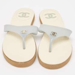 Pre Owned Chanel Blue Rubber CC Thong Flats Size 37