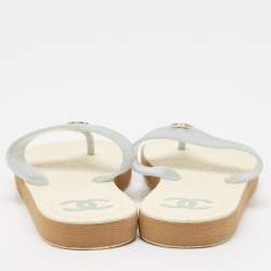 Pre Owned Chanel Blue Rubber CC Thong Flats Size 37