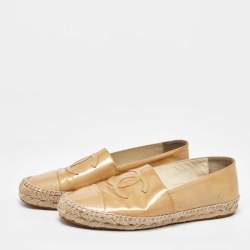 Pre Owned Chanel Beige Patent Leather CC Cap Toe Espadrille Flats Size 40