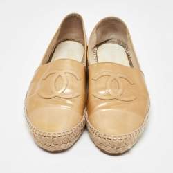 Pre Owned Chanel Beige Patent Leather CC Cap Toe Espadrille Flats Size 40