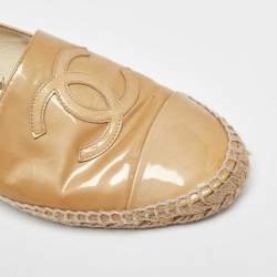 Pre Owned Chanel Beige Patent Leather CC Cap Toe Espadrille Flats Size 40