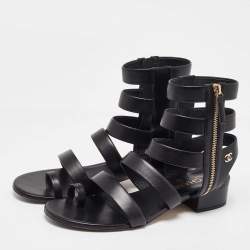 Chanel Black Leather CC Gladiator Flat Sandals Size 39