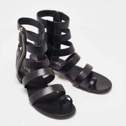 Chanel Black Leather CC Gladiator Flat Sandals Size 39