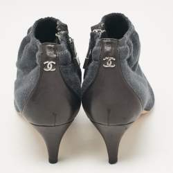 Chanel Grey/Black Fabric and Leather Booties Size 37