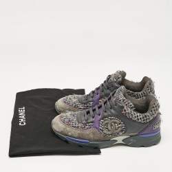 Pre Owned Chanel Multicolor Leather and Tweed CC Lace Up Sneakers Size 37.5