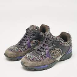 Pre Owned Chanel Multicolor Leather and Tweed CC Lace Up Sneakers Size 37.5