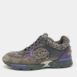 Pre Owned Chanel Multicolor Leather and Tweed CC Lace Up Sneakers Size 37.5