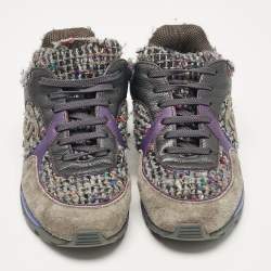 Pre Owned Chanel Multicolor Leather and Tweed CC Lace Up Sneakers Size 37.5