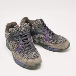 Pre Owned Chanel Multicolor Leather and Tweed CC Lace Up Sneakers Size 37.5