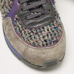 Pre Owned Chanel Multicolor Leather and Tweed CC Lace Up Sneakers Size 37.5