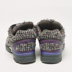 Pre Owned Chanel Multicolor Leather and Tweed CC Lace Up Sneakers Size 37.5