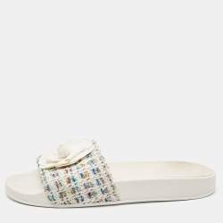 Chanel Multicolor Camellia Tweed CC  Flat Slides Size 40