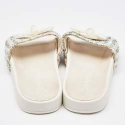 Chanel Multicolor Camellia Tweed CC  Flat Slides Size 40