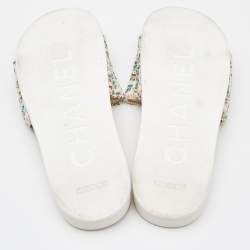 Chanel Multicolor Camellia Tweed CC  Flat Slides Size 40