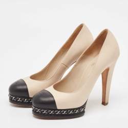 Pre Owned Chanel Beige/Black Leather CC Chain Link Platform Pumps Size 38.5