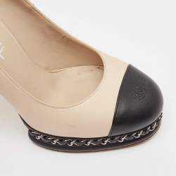 Pre Owned Chanel Beige/Black Leather CC Chain Link Platform Pumps Size 38.5