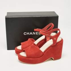 Chanel Red Suede CC Wedge Sandals Size 41