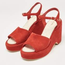 Chanel Red Suede CC Wedge Sandals Size 41