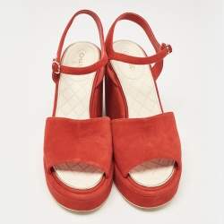 Chanel Red Suede CC Wedge Sandals Size 41