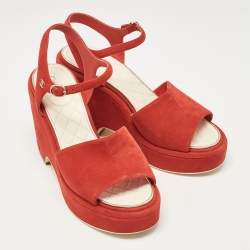 Chanel Red Suede CC Wedge Sandals Size 41