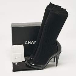 Chanel Black Fabric and Patent Leather CC Ankle Length Boots Size 39.5