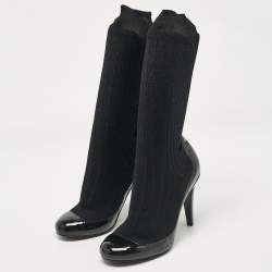 Chanel Black Fabric and Patent Leather CC Ankle Length Boots Size 39.5