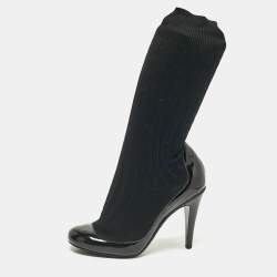 Chanel Black Fabric and Patent Leather CC Ankle Length Boots Size 39.5
