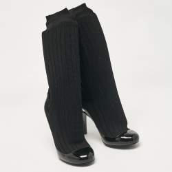 Chanel Black Fabric and Patent Leather CC Ankle Length Boots Size 39.5