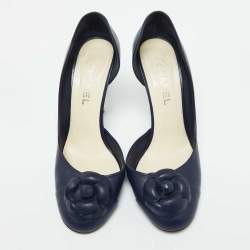 Chanel Navy Blue Leather Camellia Accent D'orsay Pumps Size 42