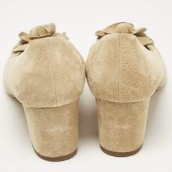 Pre Owned Chanel Khaki Beige Suede Camellia Cap Toe Block Heel Pumps Size 39