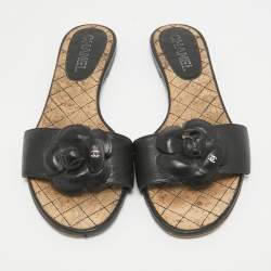 Chanel Black Leather Camellia Embellished CC Flat Sandals Size 39.5