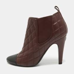 Pre Owned Chanel Burgundy Leather CC Ankle Length Boots Size 37