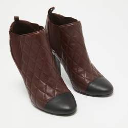 Pre Owned Chanel Burgundy Leather CC Ankle Length Boots Size 37