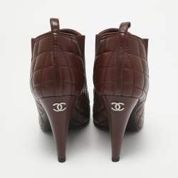 Pre Owned Chanel Burgundy Leather CC Ankle Length Boots Size 37