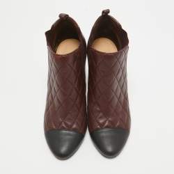 Pre Owned Chanel Burgundy Leather CC Ankle Length Boots Size 37