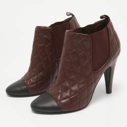 Pre Owned Chanel Burgundy Leather CC Ankle Length Boots Size 37