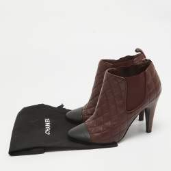 Pre Owned Chanel Burgundy Leather CC Ankle Length Boots Size 37