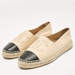 Pre Owned Chanel Beige/Black Leather CC Espadrille Flats Size 38