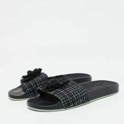 Chanel Black/Green Tweed Grosgrain Camellia Slide Sandals Size 42