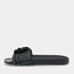 Chanel Black/Green Tweed Grosgrain Camellia Slide Sandals Size 42