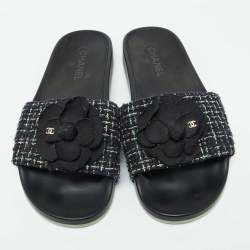 Chanel Black/Green Tweed Grosgrain Camellia Slide Sandals Size 42