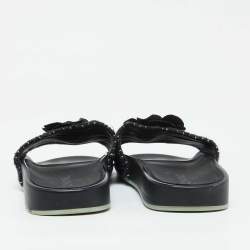 Chanel Black/Green Tweed Grosgrain Camellia Slide Sandals Size 42