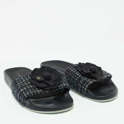 Chanel Black/Green Tweed Grosgrain Camellia Slide Sandals Size 42